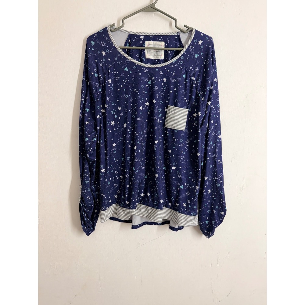 Cuddl Duds Pajama Top XL Navy Blue Star Heart Celestial Print Long Sleeve Lounge
